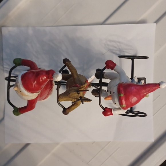 Kitsch Santa Claus and Company on Tricycle Snowman Reindeer Deer Gifts Triplet - Picture 7 of 8